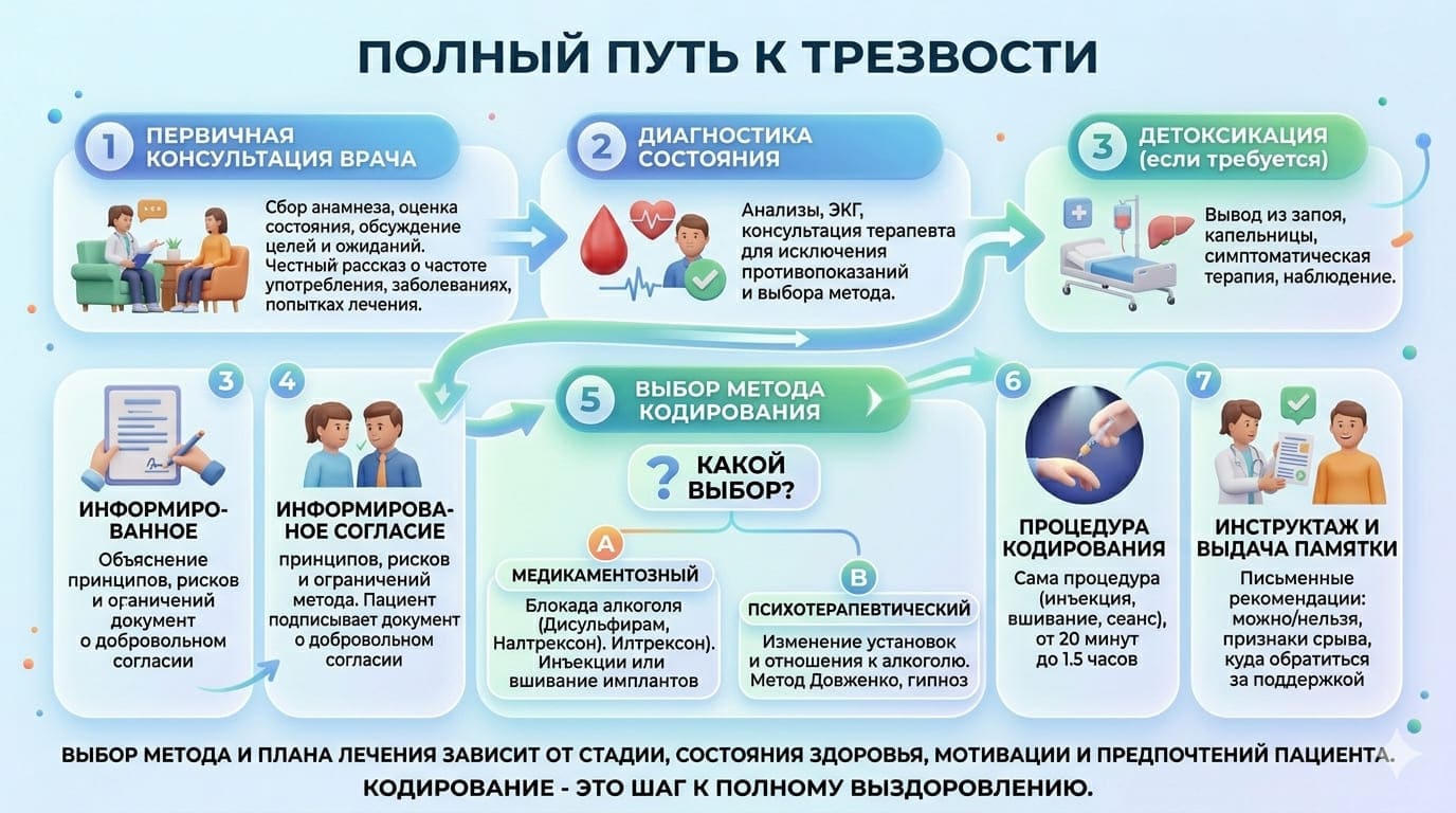 Инфографика полный путь к трезвости, этапы кодирования